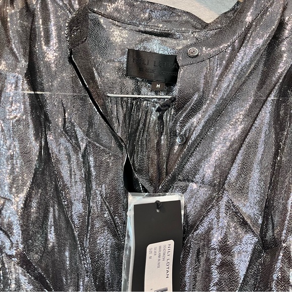 NWT - NILI LOTAN Sz Medium- Marlaina Silver Metallic Sheer Button Up Blouse - Picture 11 of 12